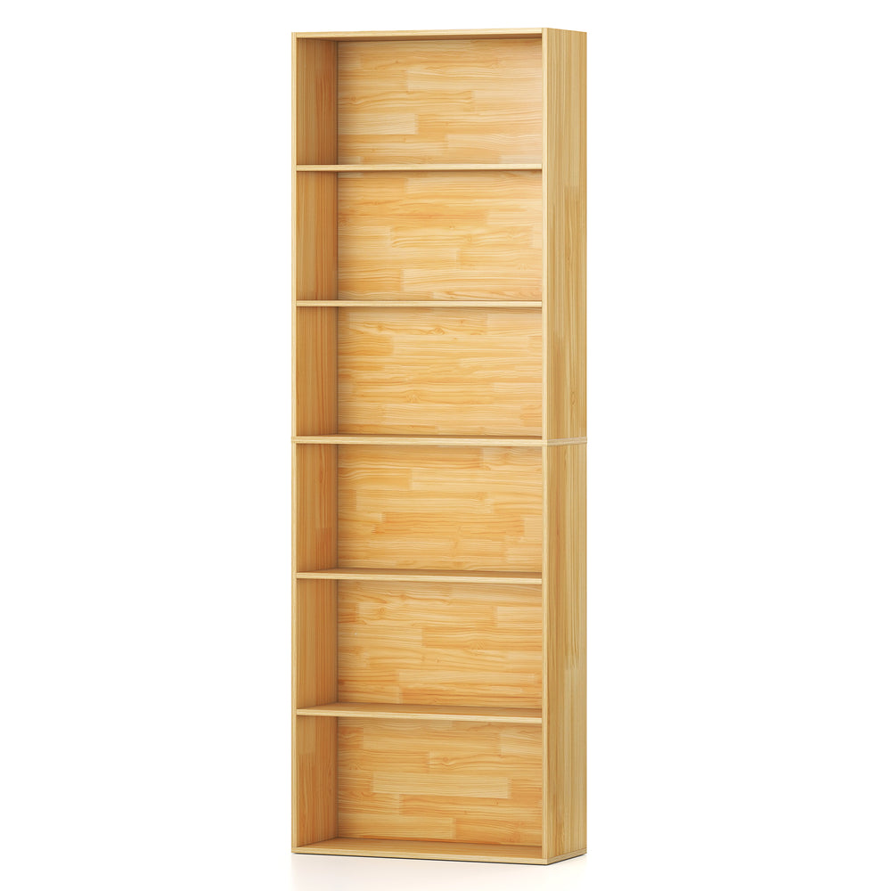 6-tier wood bookcase with open shelves, featuring anti-toppling kits, ideal for living room or office storage.