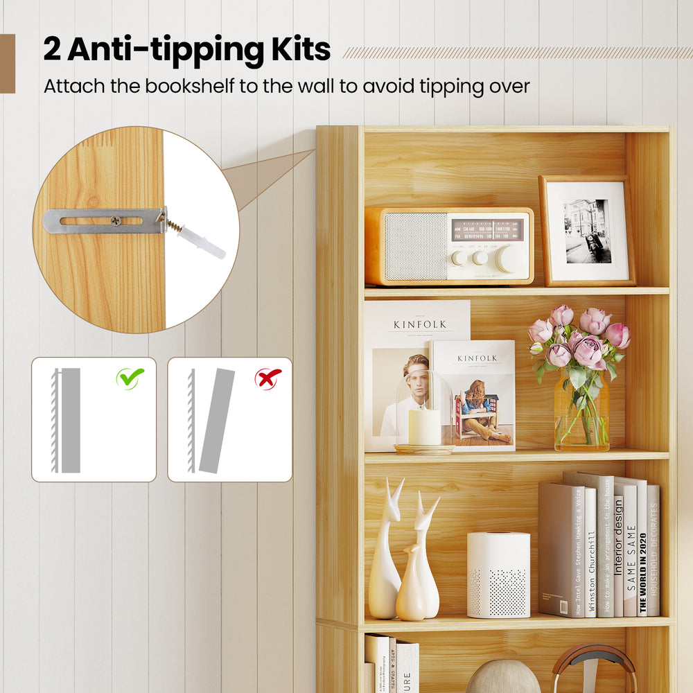 6-tier wood bookcase with open shelves and anti-tipping kits, ideal for living room or office organization.