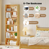 6-tier wooden bookcase with open shelves, showcasing books and decorations, ideal for living room or office use.