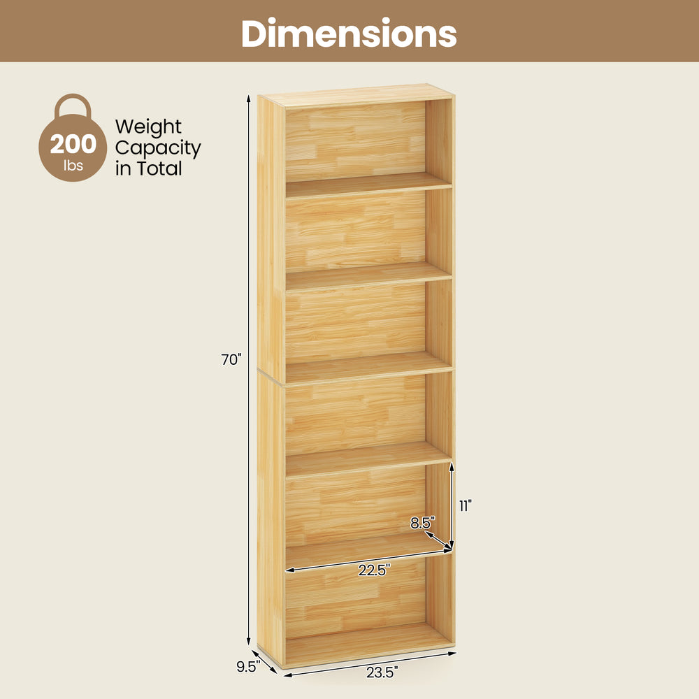 6-tier bookcase with open shelves, bamboo finish, 70" tall, designed for living room or office storage.