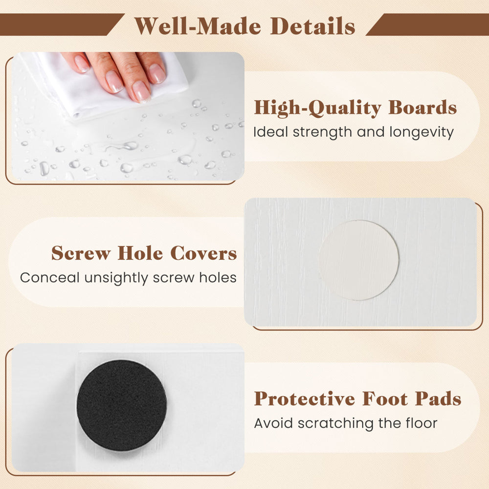 Detail of the 6-tier bookcase showing screw hole covers and protective foot pads for a smooth, secure finish.