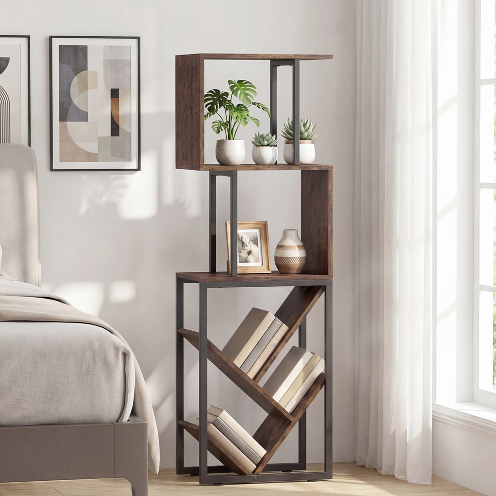 S-shaped 6-tier bookshelf in brown with open shelves, perfect for living room or home office decor and storage.