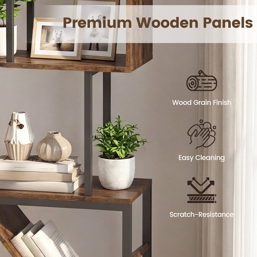 S-shaped 6-tier bookshelf with premium wooden panels and natural wood grain finish, ideal for living room or home.
