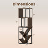 S-shaped 6-tier bookshelf with open shelves, brown wood finish, and metal frame; ideal for living room or home office.
