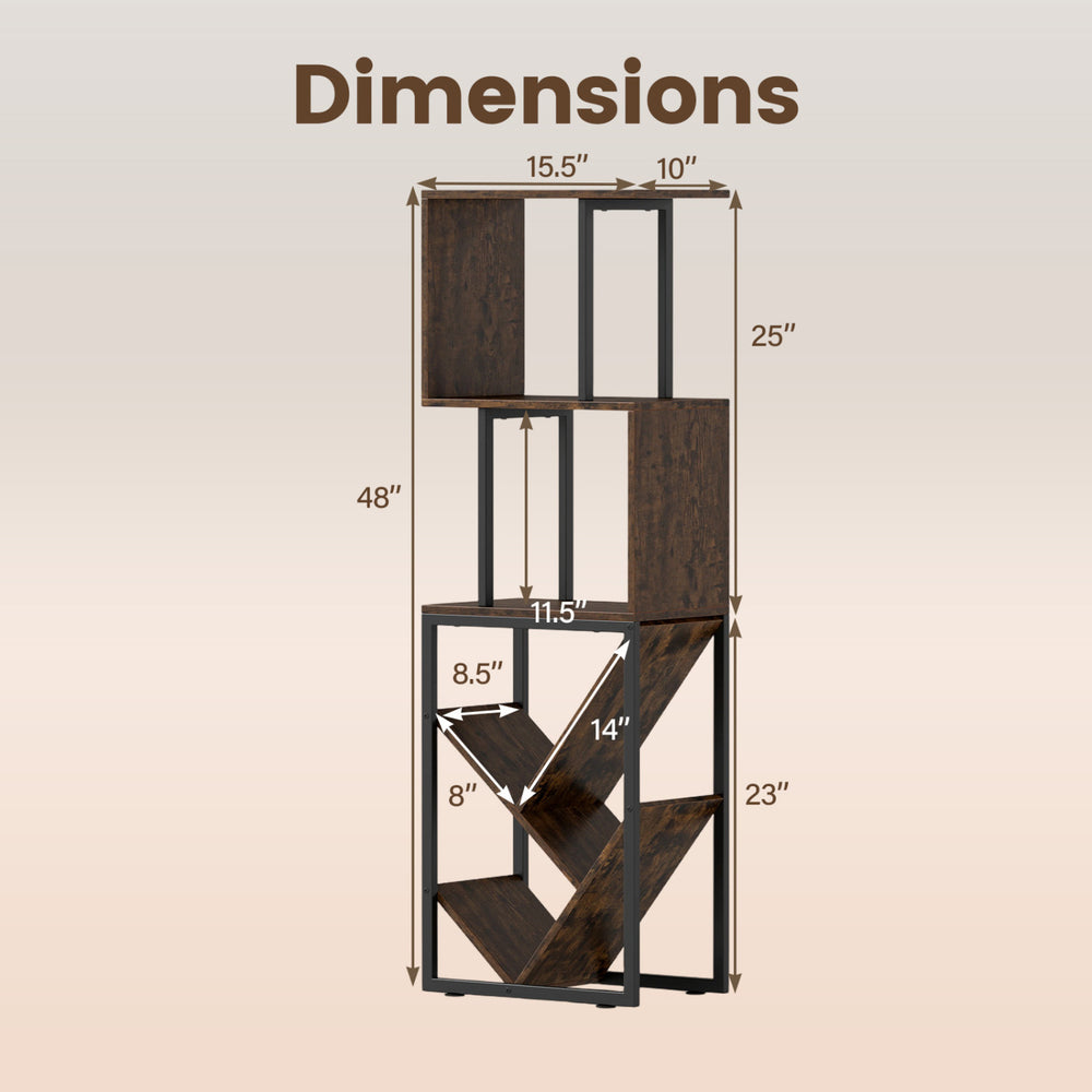 S-shaped 6-tier bookshelf with open shelves, brown wood finish, and metal frame; ideal for living room or home office.