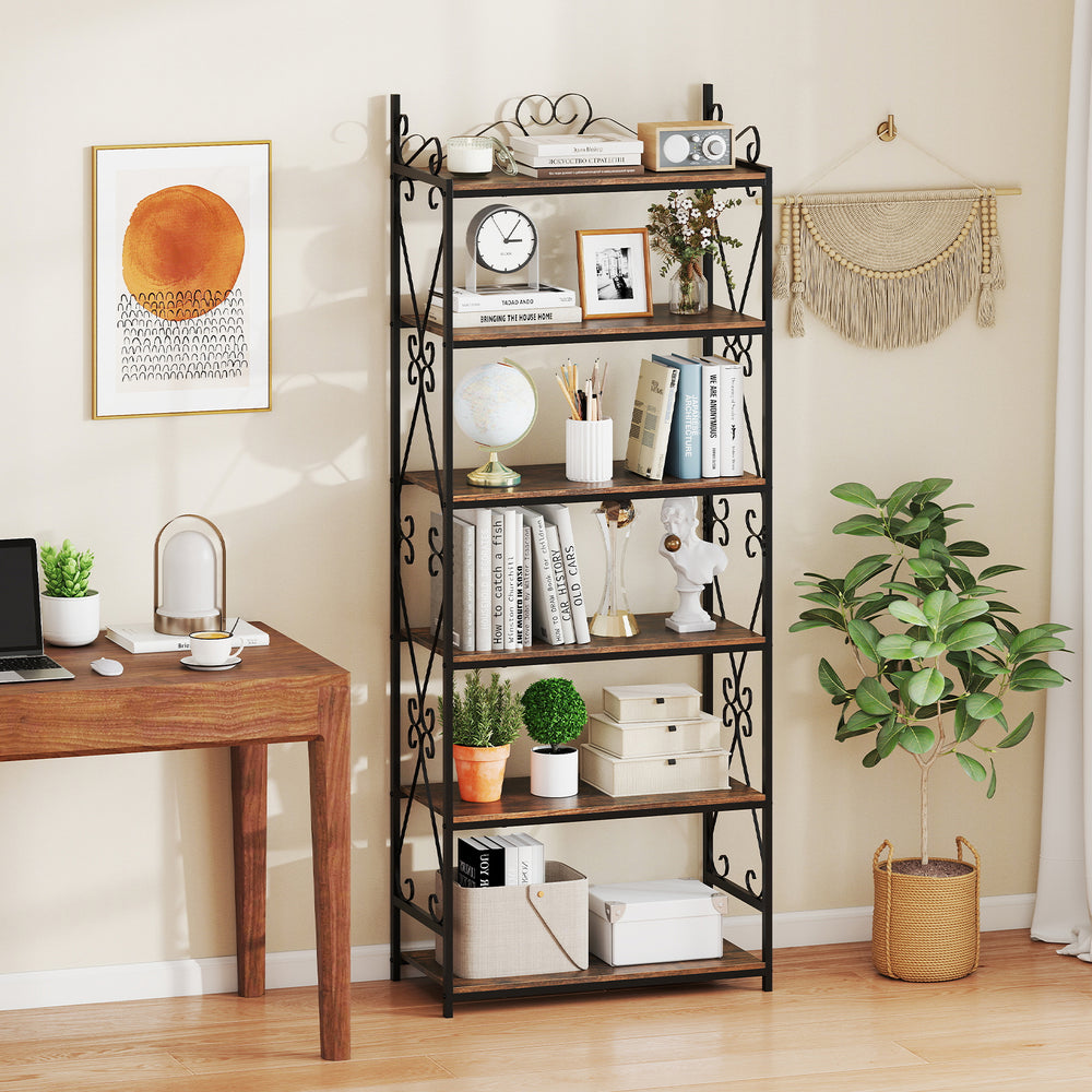 6-tier industrial bookshelf in rustic brown with intricate scrollwork, perfect for organizing books and decor in any.