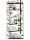 Rustic brown 6-tier bookshelf with decorative scrollwork, showcasing various items on sturdy metal shelves for stylish.