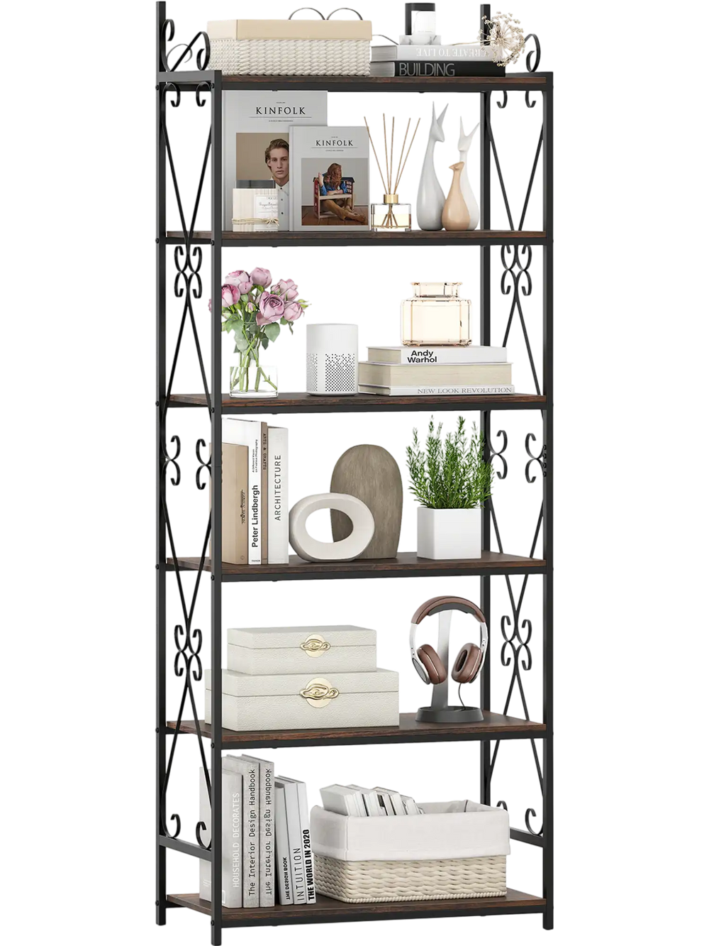 Rustic brown 6-tier bookshelf with decorative scrollwork, showcasing various items on sturdy metal shelves for stylish.