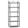 6-tier industrial bookshelf with rustic brown shelves and metal frame, featuring intricate scrollwork for added charm.