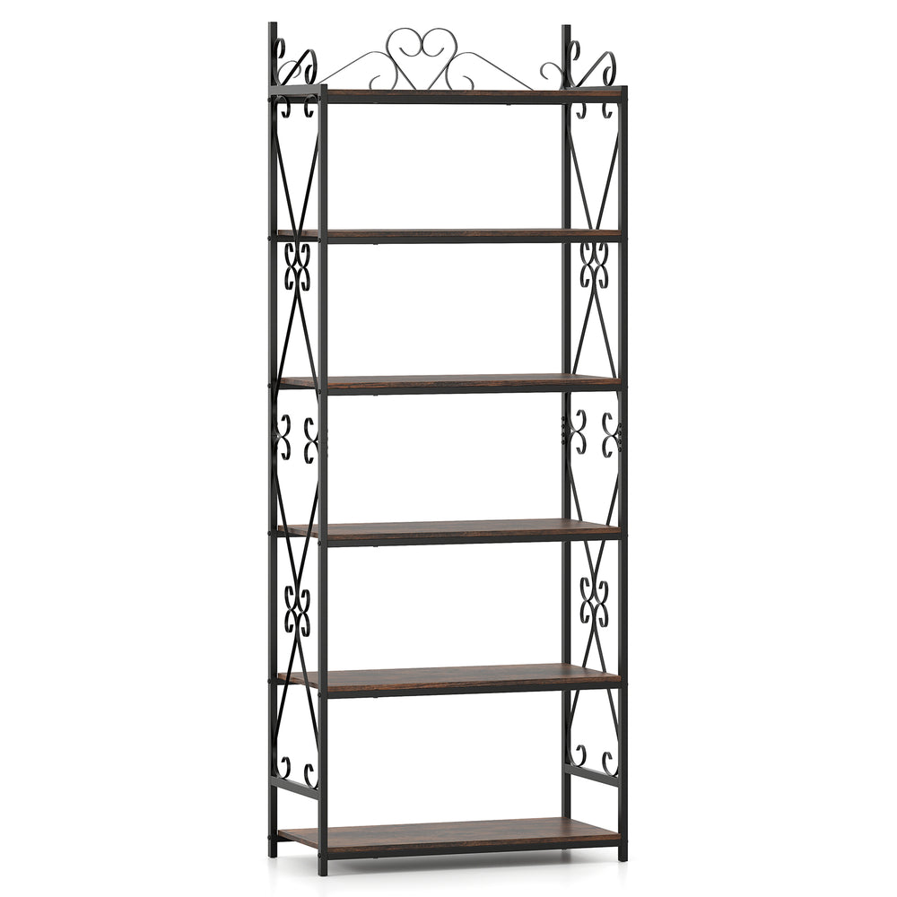 6-tier industrial bookshelf with rustic brown shelves and metal frame, featuring intricate scrollwork for added charm.