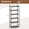 Dimensions of the 6-tier industrial bookshelf in rustic brown, featuring a metal frame and a load capacity of 44 lbs.