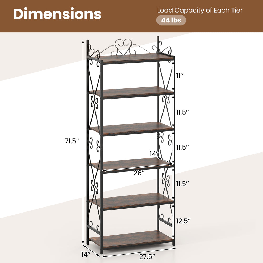 Dimensions of the 6-tier industrial bookshelf in rustic brown, featuring a metal frame and a load capacity of 44 lbs.