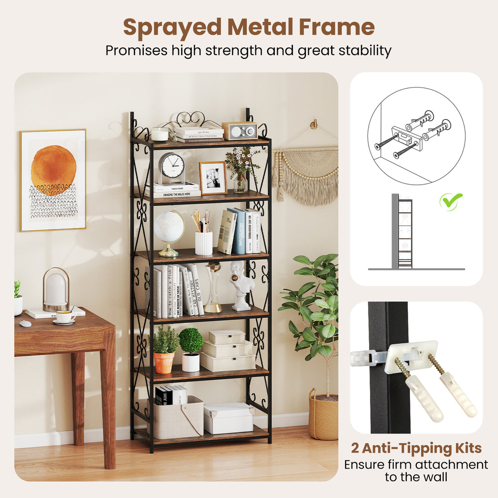 6-tier industrial bookshelf in rustic brown with a sprayed metal frame and anti-tipping kits for stability and charm.