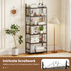 6-tier industrial bookshelf in rustic brown with intricate scrollwork, perfect for organizing your space with charm.