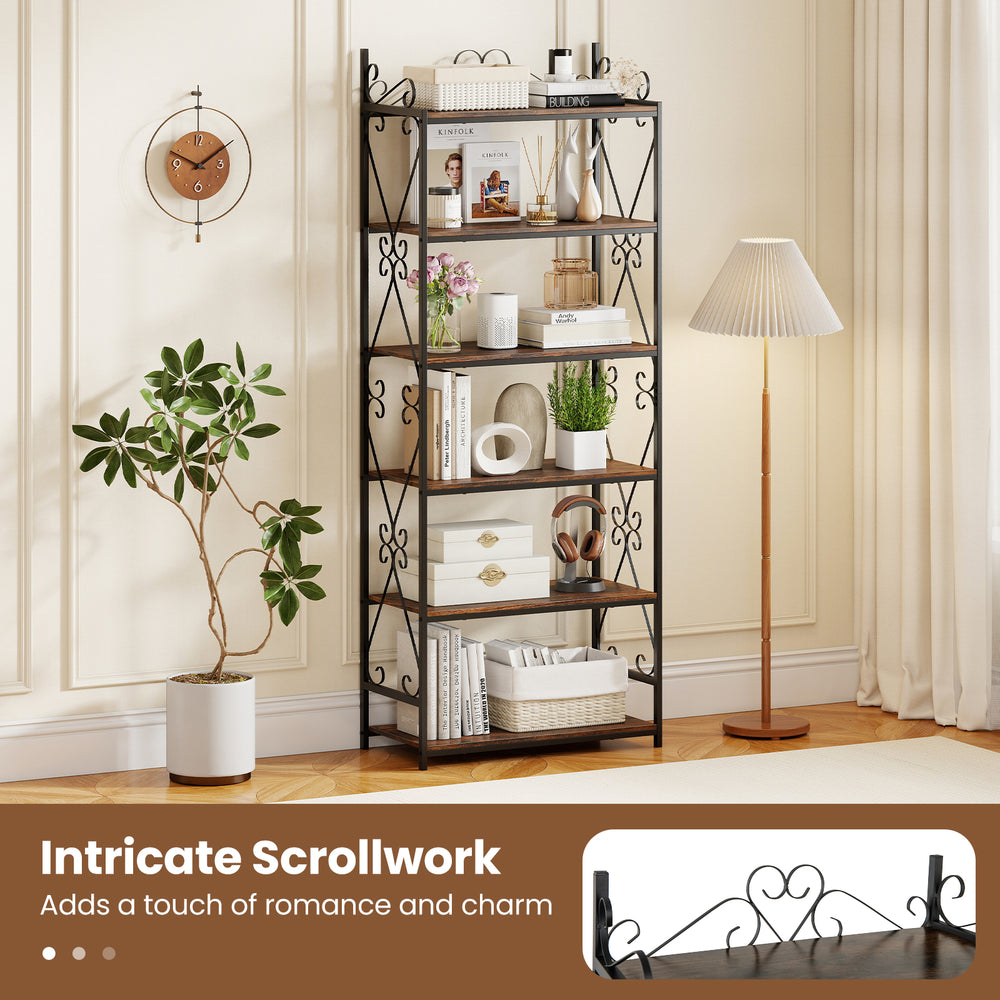 6-tier industrial bookshelf in rustic brown with intricate scrollwork, perfect for organizing your space with charm.