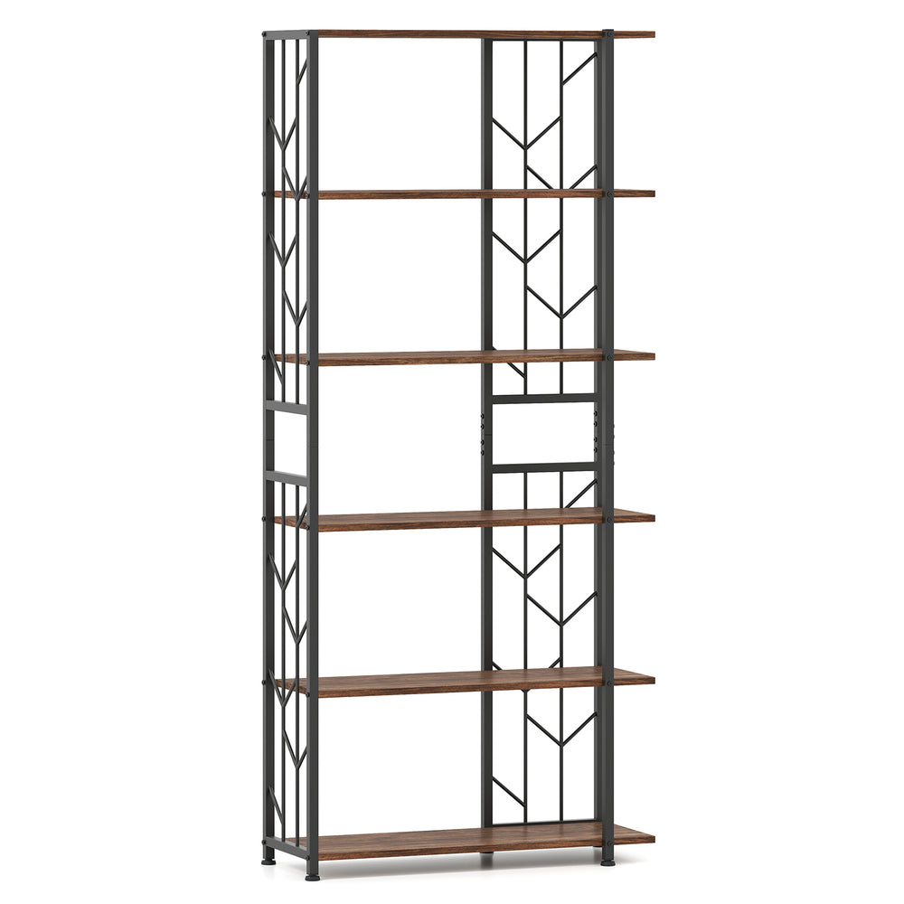 6-tier bookshelf with rustic brown shelves and geometric metal frame, perfect for displaying plants and decorations.