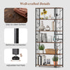 6-tier rustic brown bookshelf with geometric design, reinforced metal frame, and adjustable foot pads for stability.