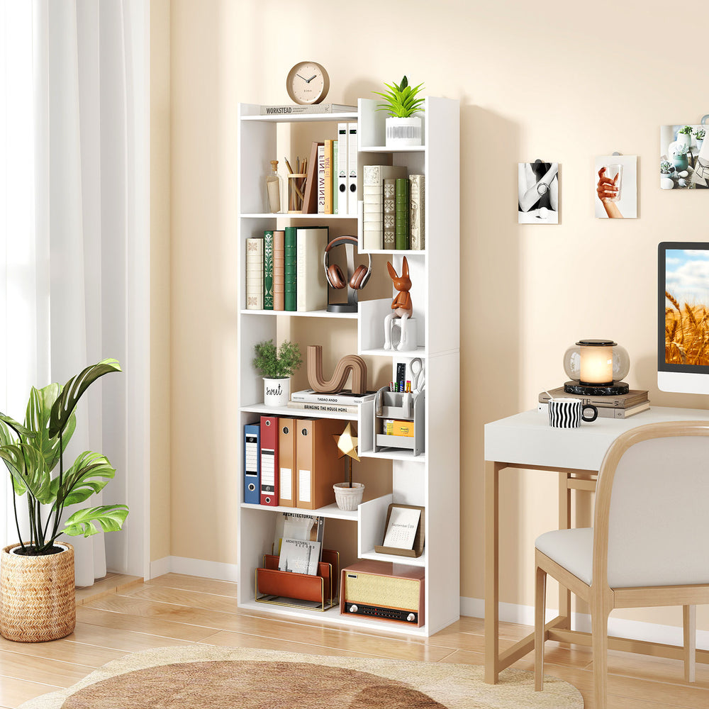6-tier white wooden bookshelf with open display shelves, featuring anti-tipping kits, ideal for organizing your study.