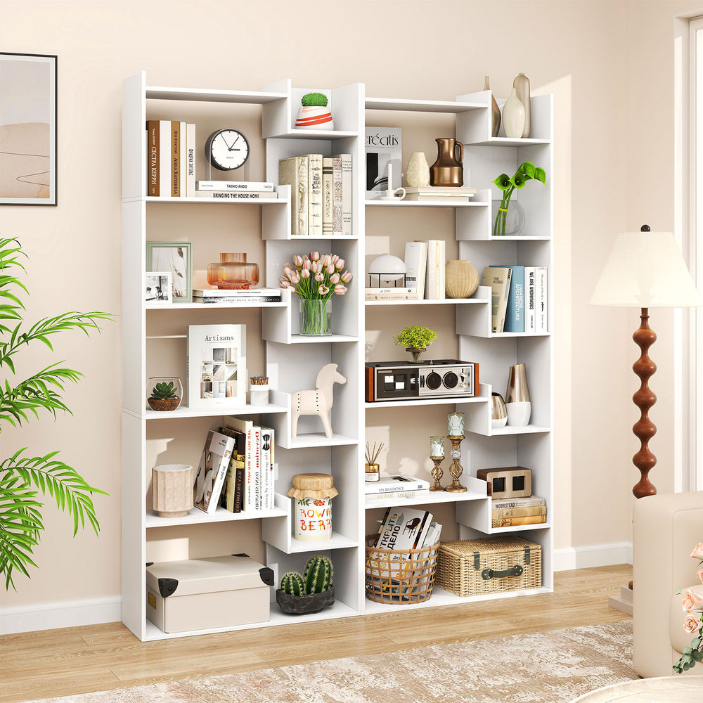 6-tier white wooden bookshelf with open display shelves, featuring anti-tipping kits, ideal for living room or study.