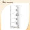 Dimensions of the 6-tier white wooden bookshelf with open display shelves, measuring 64" high and 27" wide.