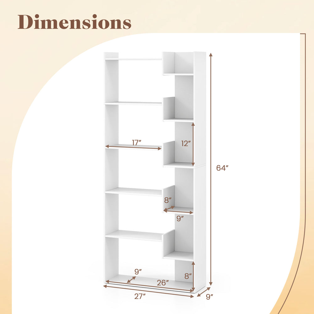 Dimensions of the 6-tier white wooden bookshelf with open display shelves, measuring 64" high and 27" wide.
