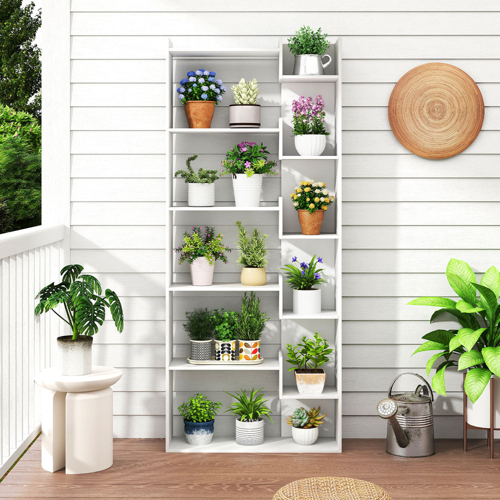 6-tier white wooden bookshelf displaying various potted plants, ideal for organizing your study or living room.