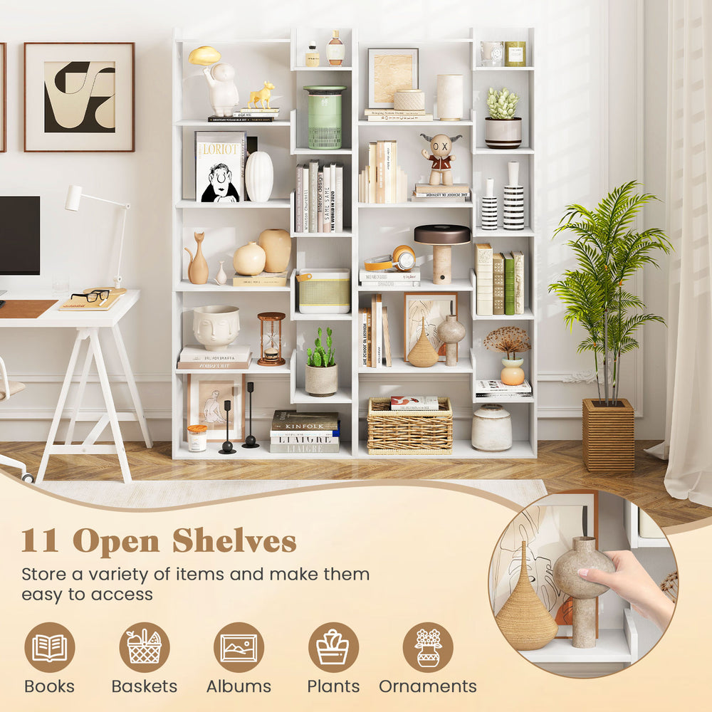 6-tier white bookshelf with 11 open shelves, ideal for organizing books and decor in living room or study.