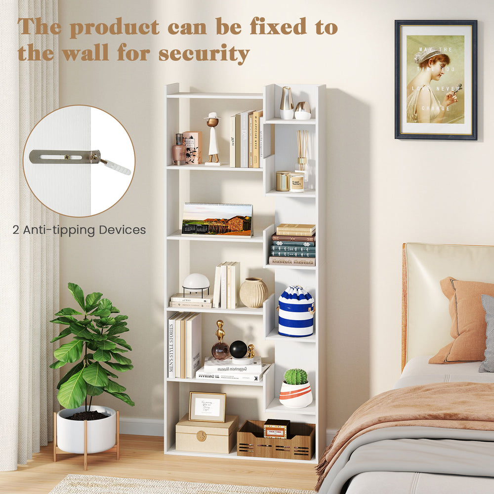 6-tier white wooden bookshelf with 2 anti-tipping kits, ideal for organizing books and decor in any room.