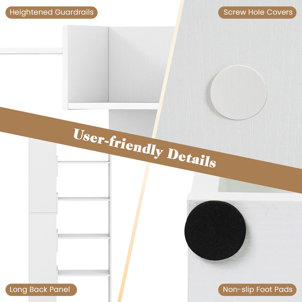 User-friendly details of the 6-tier wooden bookshelf, showcasing screw hole covers and non-slip foot pads for stability.
