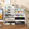 Compact 6-tier white desktop organizer with removable shelves for books and stationery, perfect for small home office spaces.