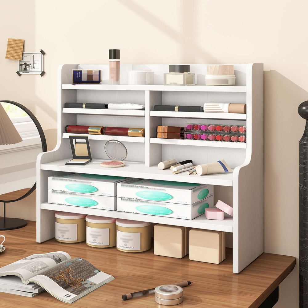 Compact 6-tier desktop organizer in white with removable shelves, ideal for small spaces in home offices.