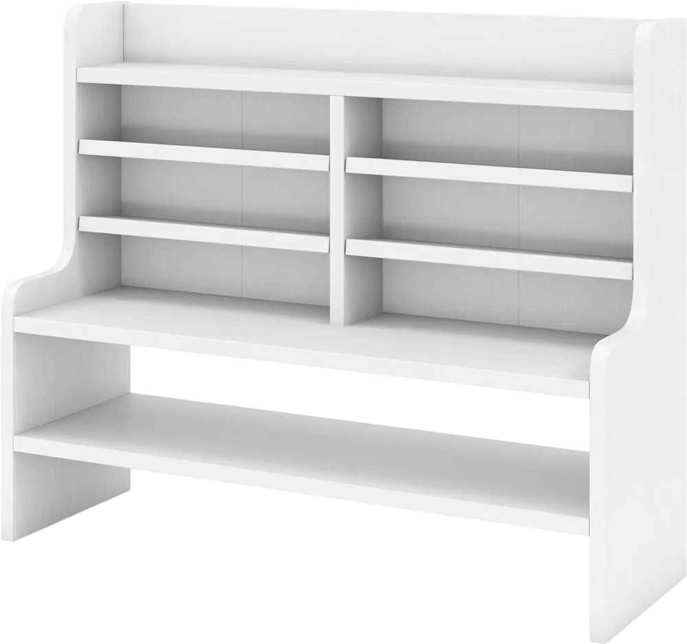 Compact 6-tier desktop organizer in white with 4 removable shelves, ideal for small home office storage and organization.