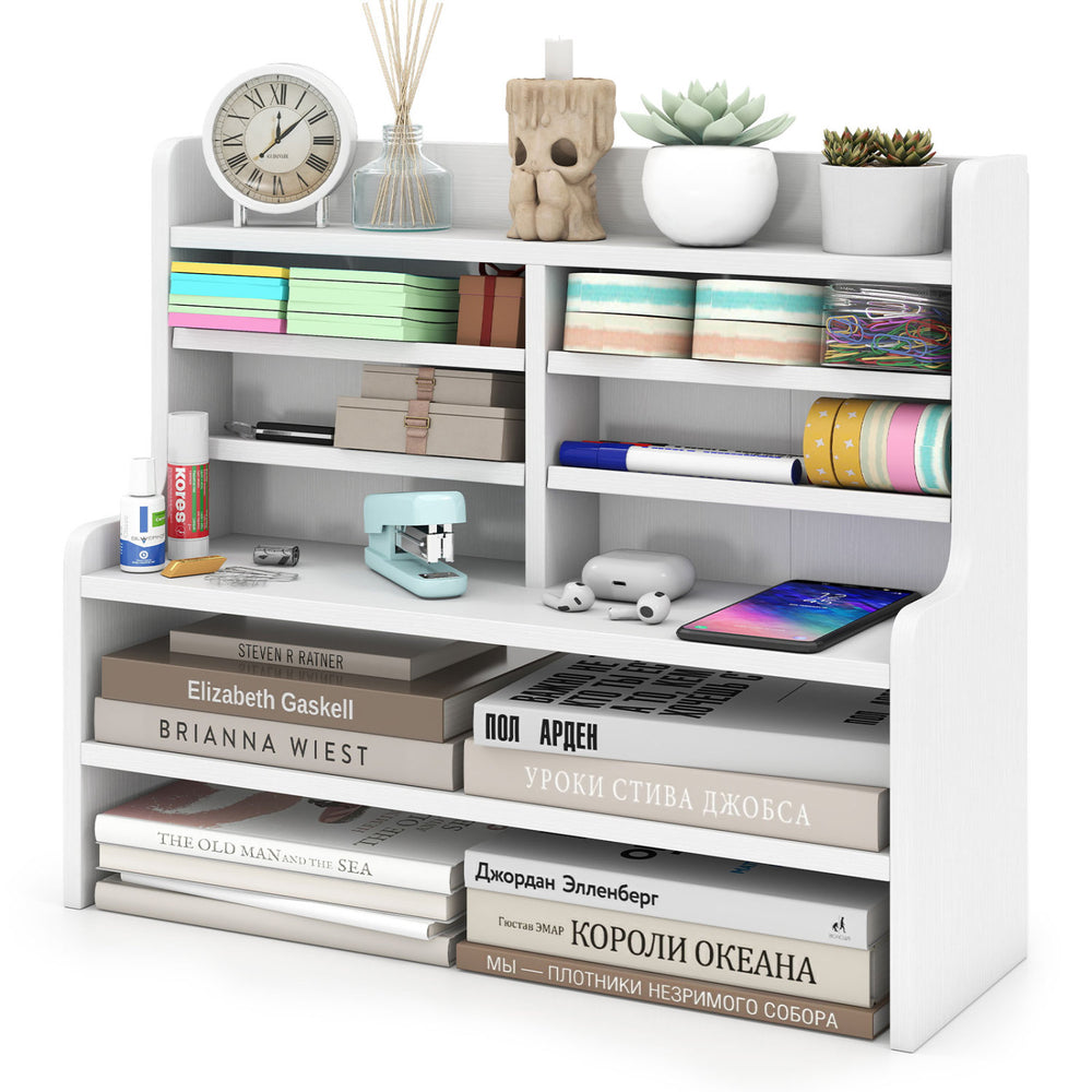 Compact 6-tier white desktop organizer with removable shelves, perfect for storing books and stationery in small spaces.