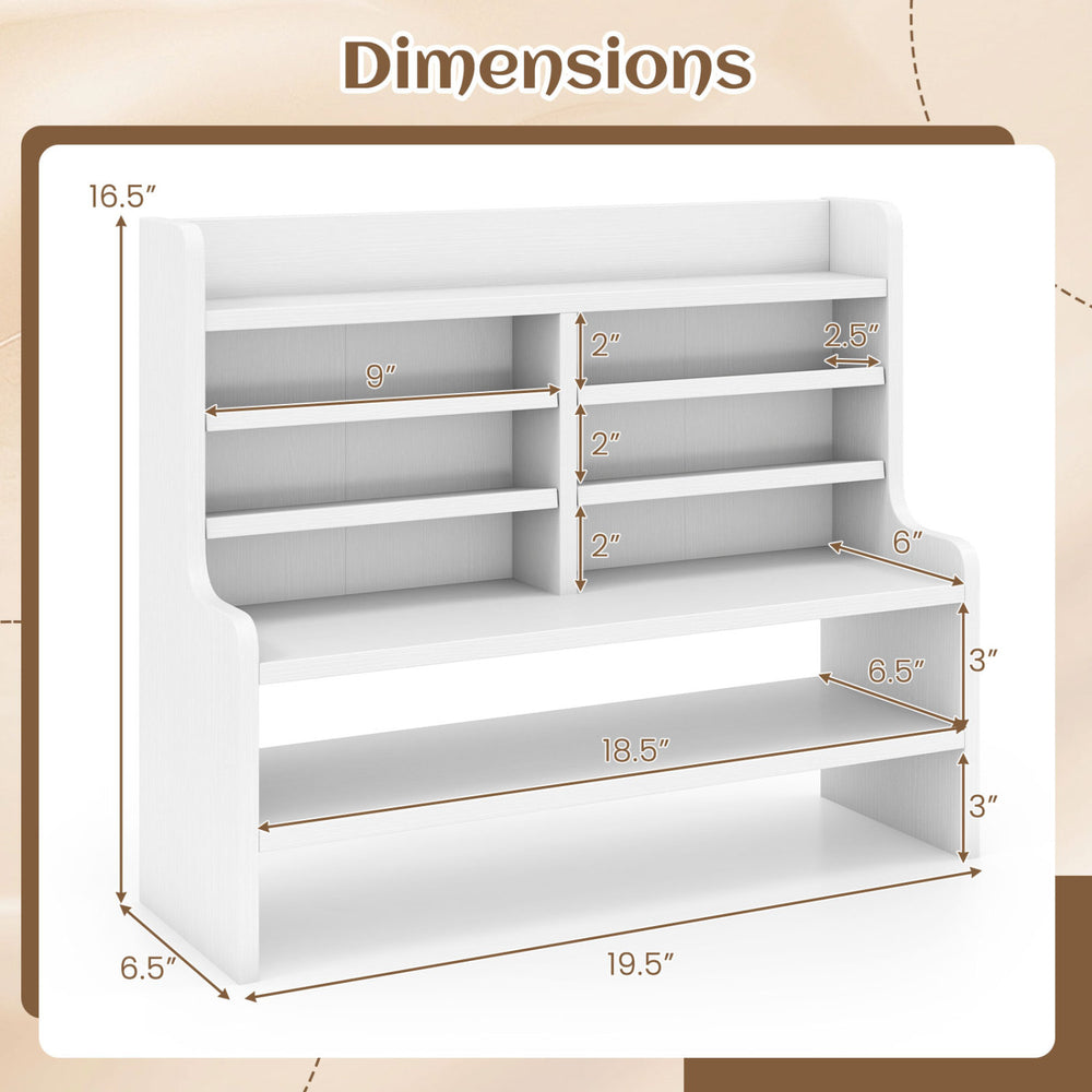 Dimensions of the JZ10497WH Desktop Organizer, a 6-tier white wooden storage rack with removable shelves for small spaces.