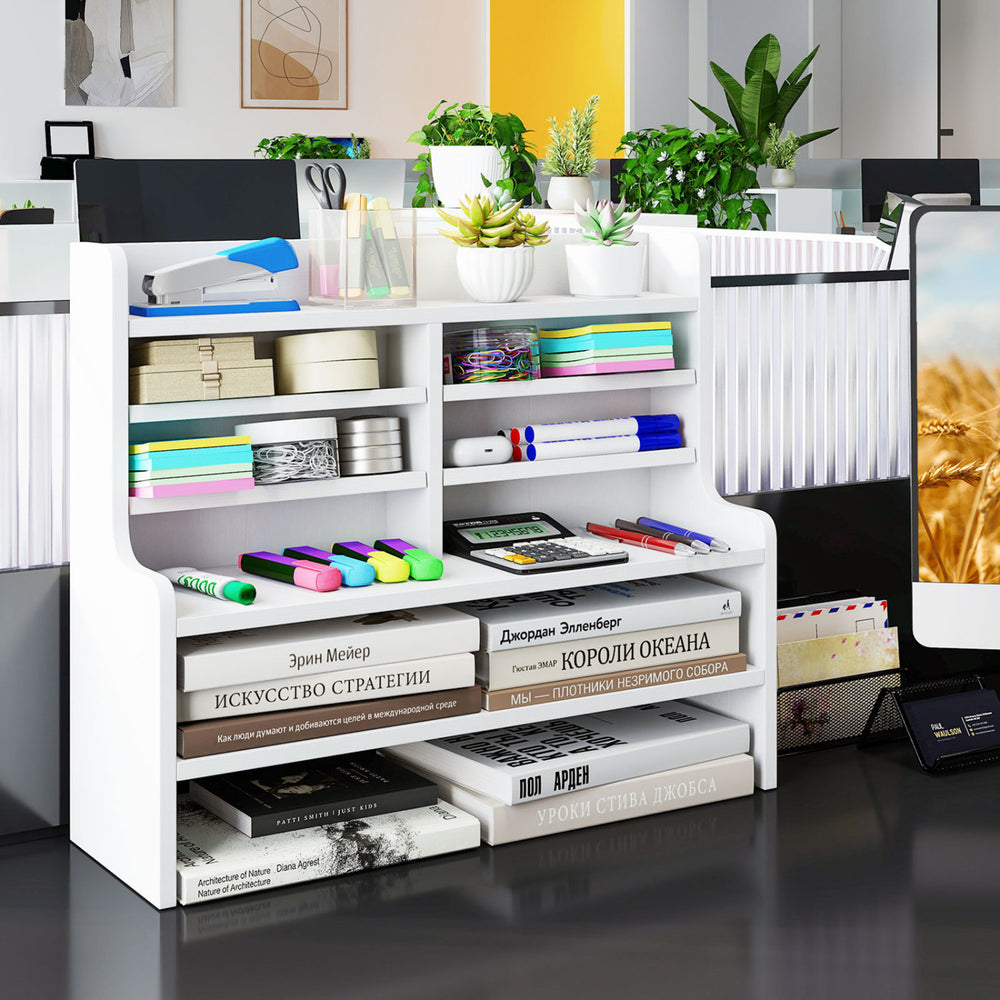 Compact 6-tier white desktop organizer with removable shelves for books and stationery, ideal for small home office spaces.