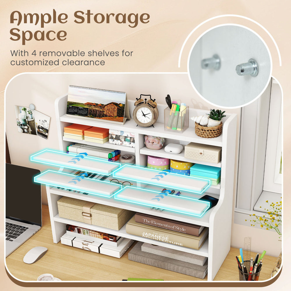 6-tier white desktop organizer with 4 removable shelves, ideal for books and stationery in small home office spaces.