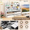 Compact 6-tier desktop organizer in white with removable shelves for books, stationery, and notes in a home office setting.