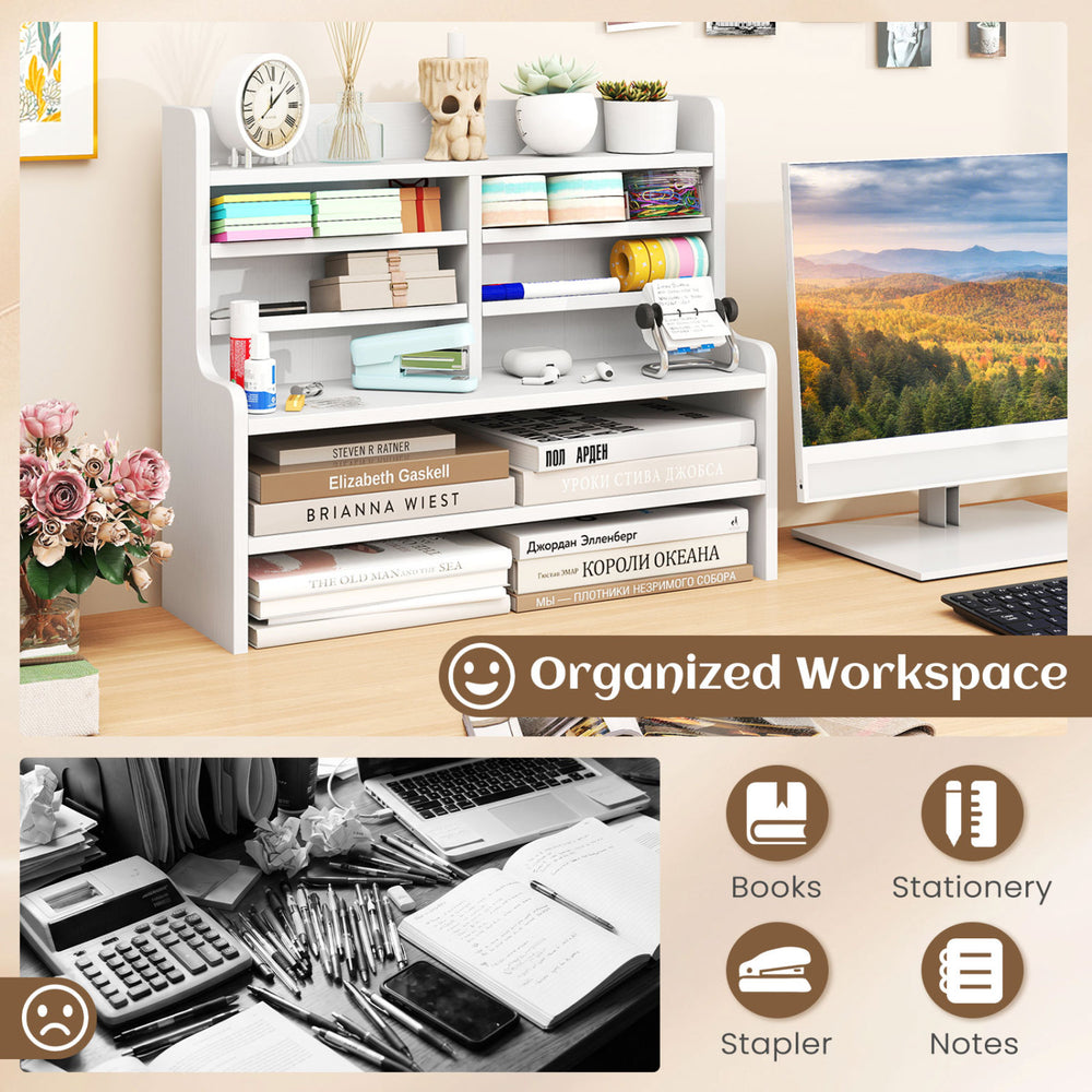 Compact 6-tier desktop organizer in white with removable shelves for books, stationery, and notes in a home office setting.