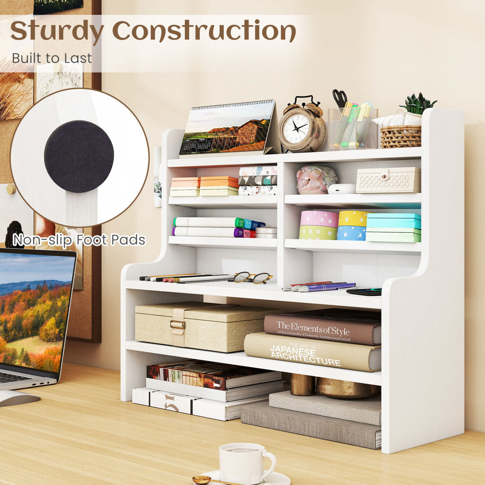 Compact 6-tier desktop organizer in white with removable shelves, ideal for home office storage and stability.