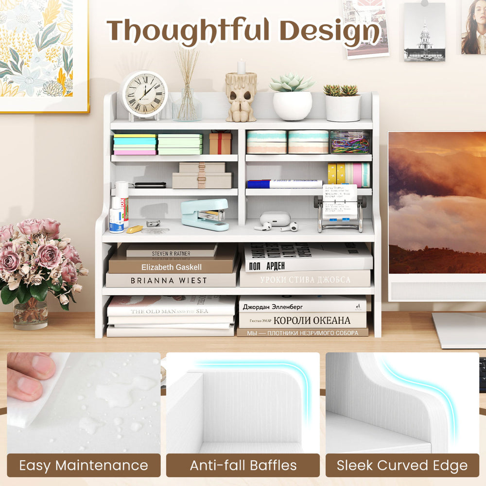 6-tier white desktop organizer with removable shelves, anti-fall baffles, and sleek curved edges for home office use.