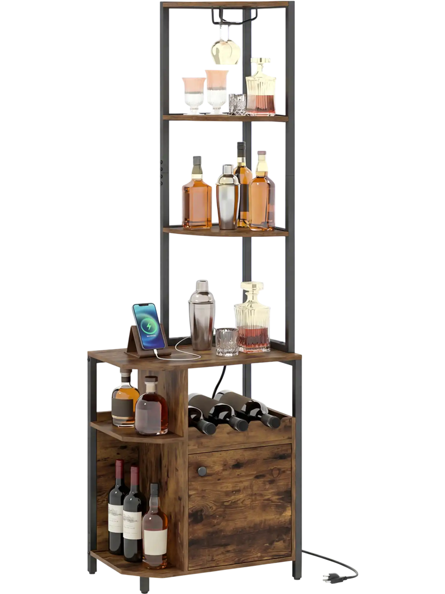 Costway 6-Tier Corner Bar Cabinet with LED Lights & Charging Station 75461095 New