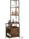 6-tier corner bar cabinet in rustic brown with LED lights, charging station, and wine rack for organized storage.