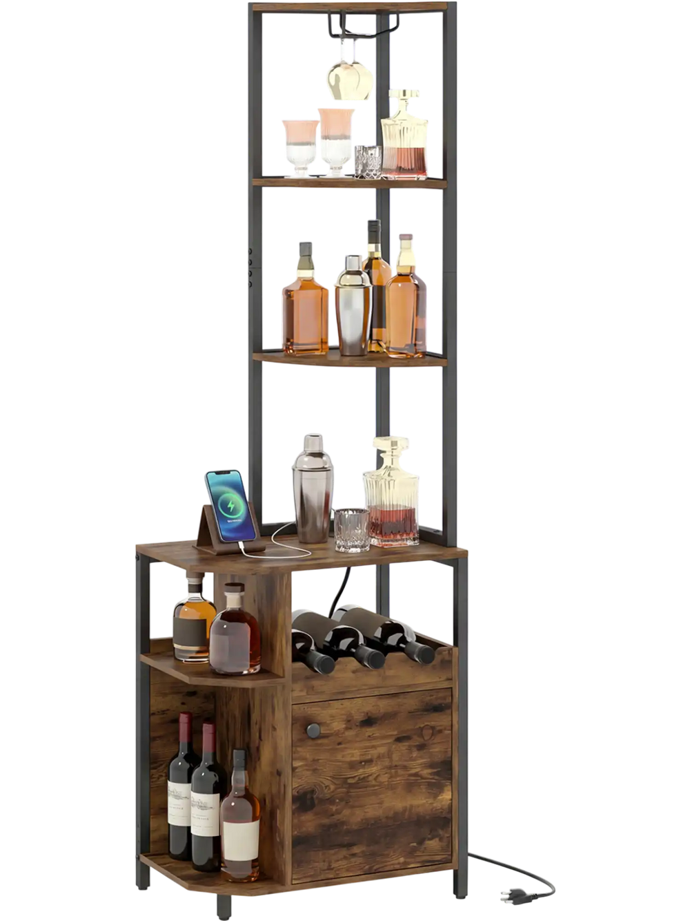 6-tier corner bar cabinet in rustic brown with LED lights, charging station, and wine rack for organized storage.