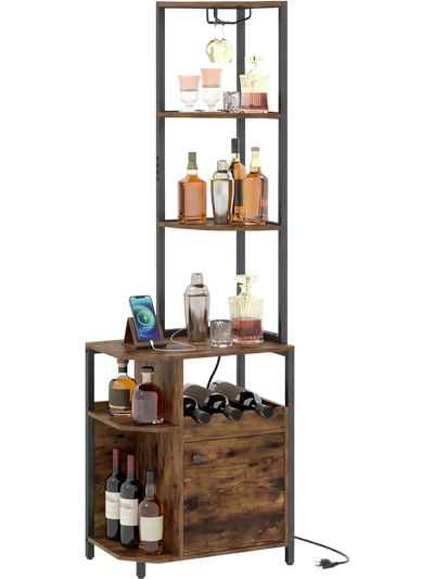 Costway 6-Tier Corner Bar Cabinet with LED Lights & Charging Station 75461095 New