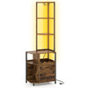 6-tier rustic brown corner bar cabinet with LED lights, charging station, and wine rack for organized storage.