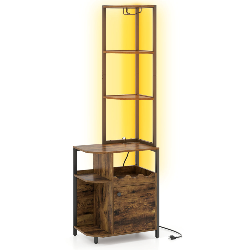 6-tier rustic brown corner bar cabinet with LED lights, charging station, and wine rack for organized storage.