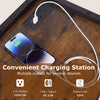 6-tier rustic brown corner bar cabinet with LED lights and convenient charging station for multiple devices.