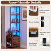 6-tier corner bar cabinet in rustic brown with LED lights, charging station, and easy-to-clean surface for organized.