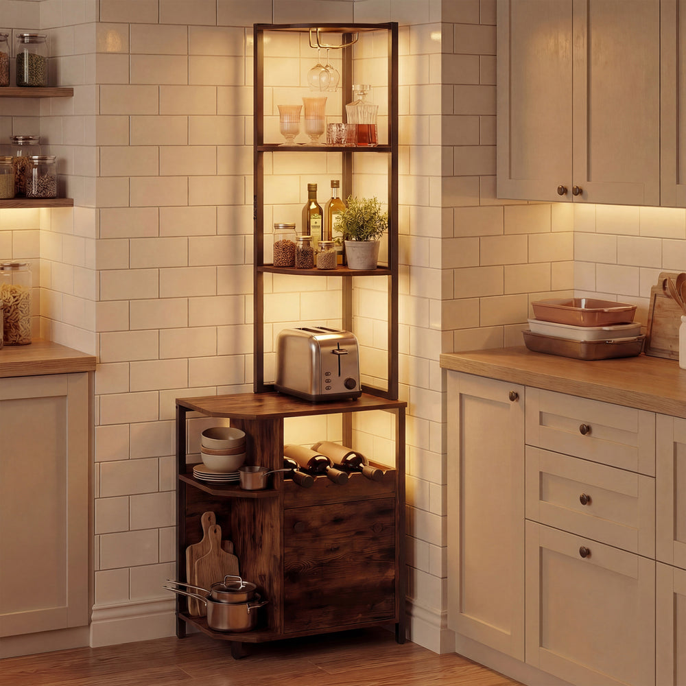 6-tier corner bar cabinet in rustic brown with LED lights, wine rack, and charging station for organized kitchen space.