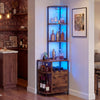 6-tier rustic brown corner bar cabinet with LED lights, wine rack, and charging station for organized kitchen space.